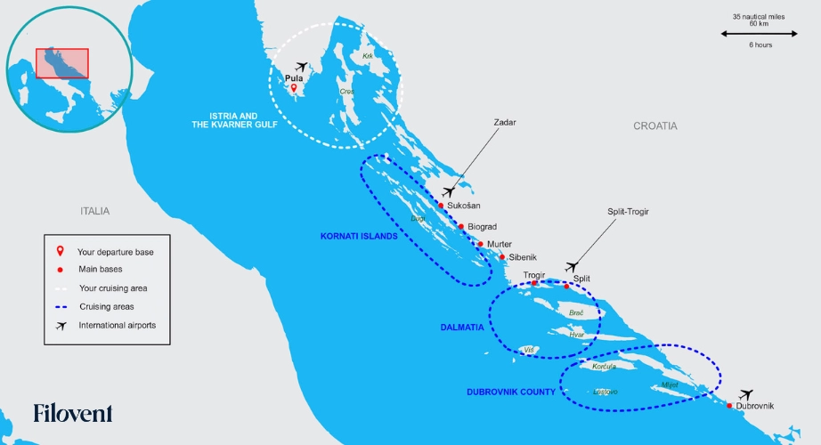 Carte des principales zones de navigation en Istrie et dans le golfe de Kvarner